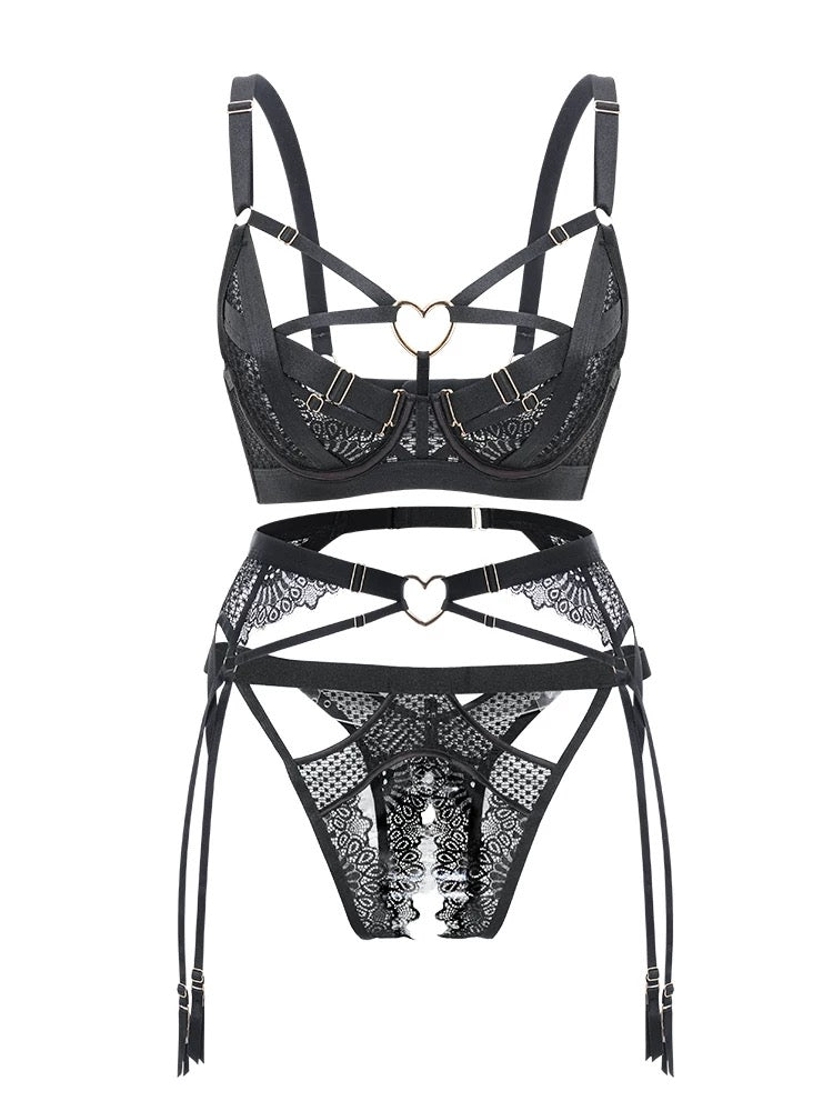 Noir Heart Lingerie & Garter Set